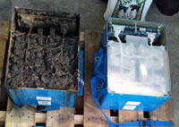 787 batteries - melted down (left) and undamaged (right)
